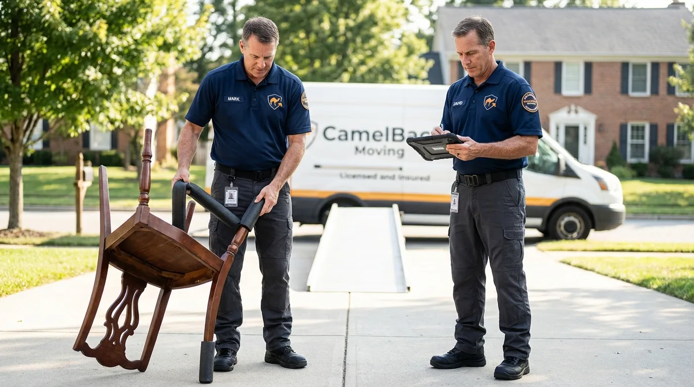 Movers inspecting furniture for damage prevention before loading in Woodlawn, IL