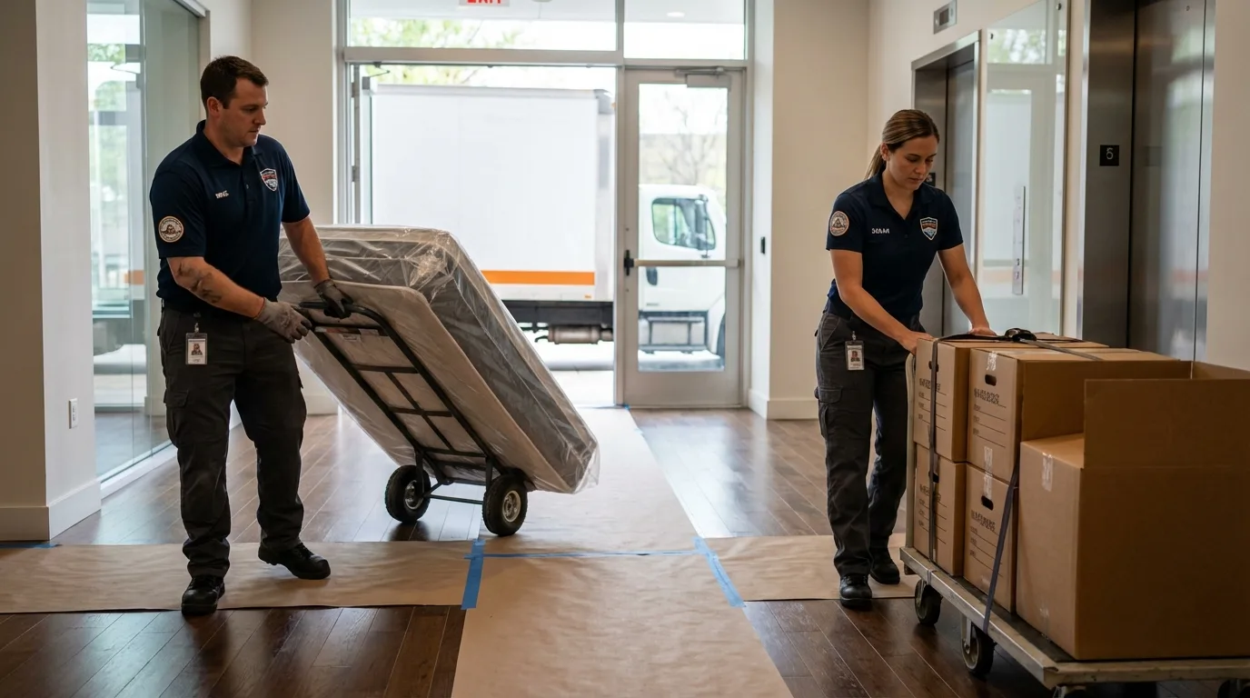 Professional apartment movers loading elevator in Woodlawn, IL