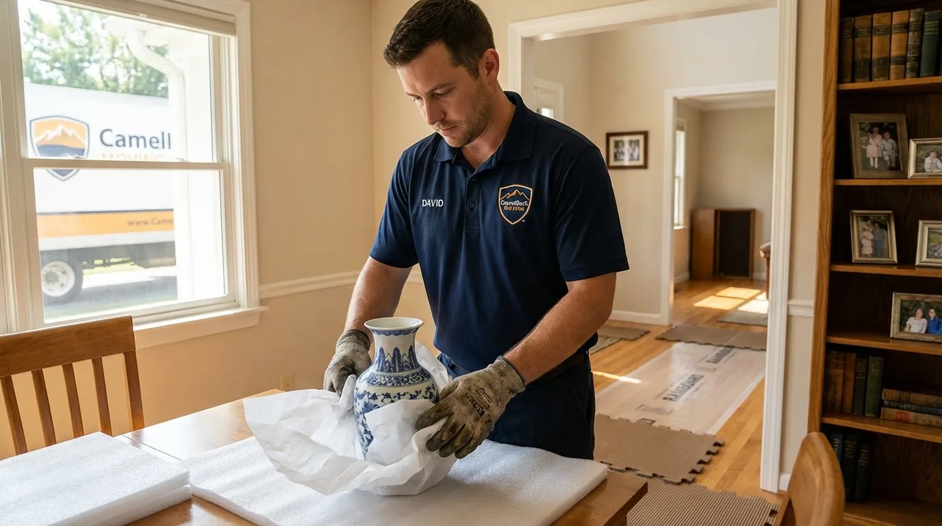 Professional crew carefully wrapping antique vase for senior downsizing move in Woodlawn, IL